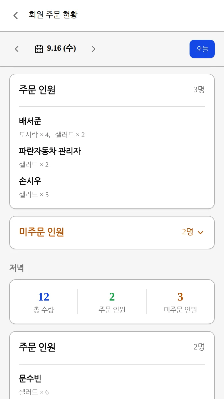 미주문 명단 펼치기를 눌러 미주문 멤버 이름을 확인하는 화면